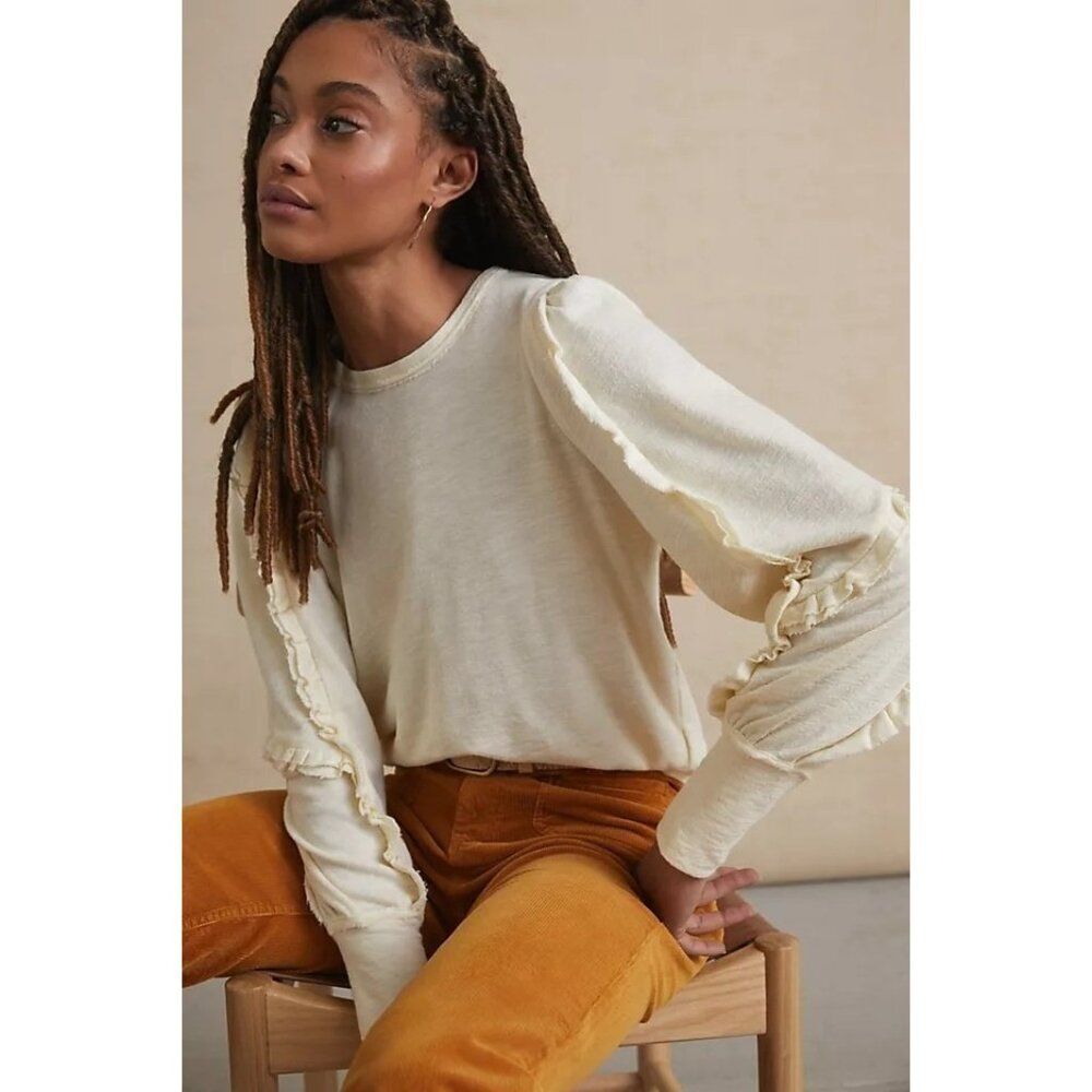 Pilcro Anthropologie Medium Ruffle Sleeve Slub Knit Sweater Top Boho Casual